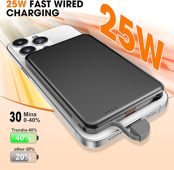 for MagSafe Portable Charger, 0.3" Ultra Slim 5000mAh Magnetic Power Bank, 25W PD Fast Charging Battery Pack with Built-in Cable, Travel Battery Bank for for iPhone 16/15/14/13/12 Grey