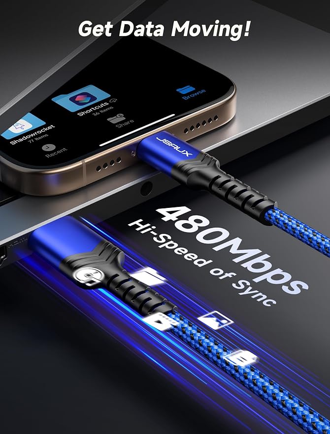 JSAUX USB C Cable [2-Pack 6.6ft], USB A to USB Cord Fast Charging for iPhone Air, iPhone 17, iPhone 17 Pro, iPhone 17 Pro Max, iPhone 16/iPhone 15 Series, Samsung S20 S10, Note 20 10, Car Play - Blue