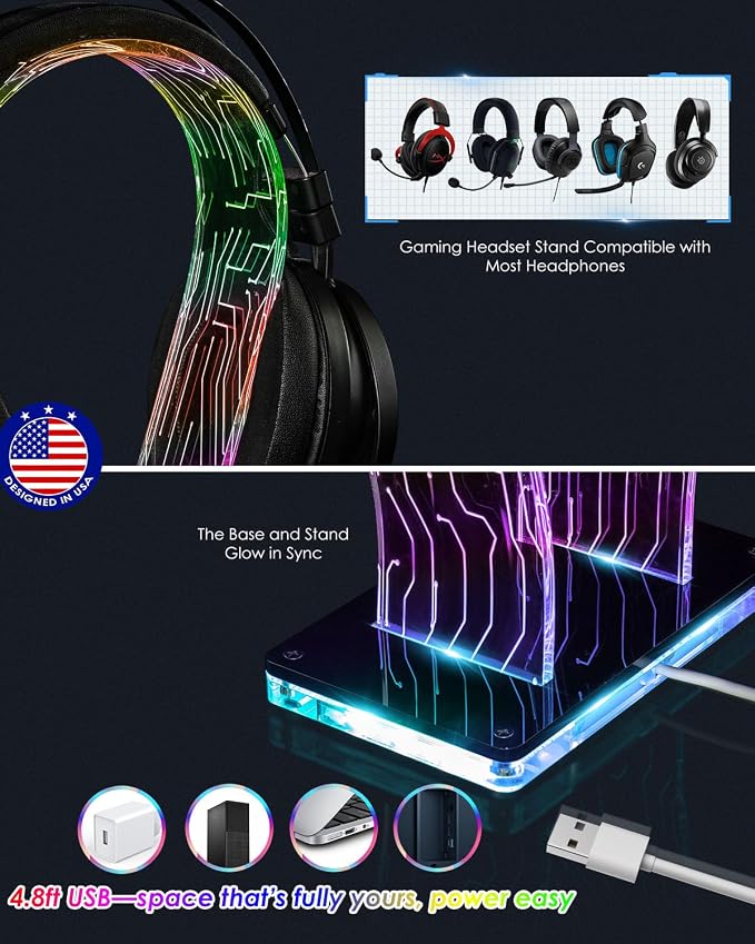 OAPRIRE Acrylic RGB Headphone Stand | Customizable 213 Lighting Modes & 60,000 Colors, Lights Sync with Music Beat, Headset Stand with 4.8ft USB Power Cable & Sturdy Build