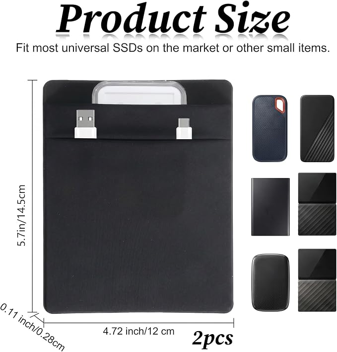 2 Pcs 2-Pocket Adhesive Hard Drive Holder for Laptop Portable Hard Drive Sleeve External Hards Drives Carrying Case Stick on Elastic Sleeve Reusable Adhesive Storage Organizer for SSD Mouse Cables