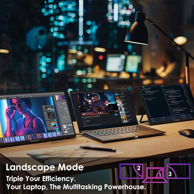 Kado Dual Portable Monitor Setup - 2-Pack 15.6'' FHD 1080p Triple Monitor Extender for Laptop and Desktop PC, USB-C HDMI Gaming Office Ultra-Slim IPS Display, 180° Kickstand Built-in Speakers