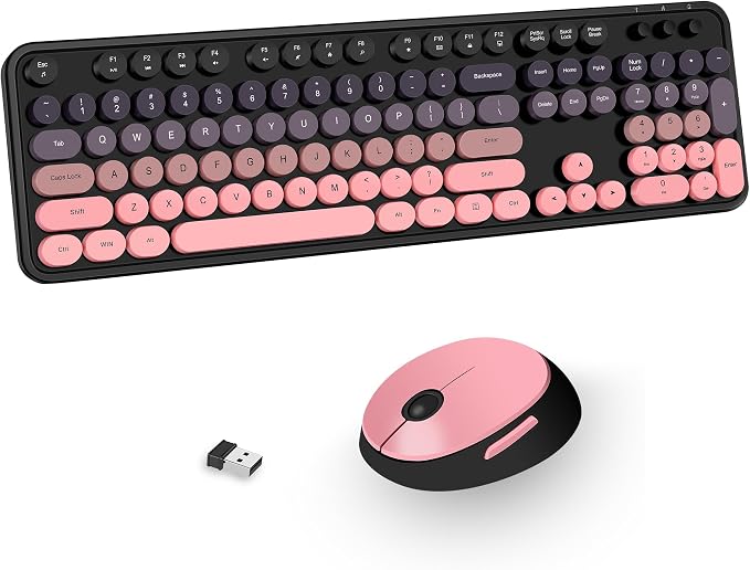 Kootop Wireless Keyboard and Mouse Combo, Cute Colorful 104 Keys Typewriter Retro Round Keycaps Keyboard for PC Laptop,Desktop,Windows, Home and Office Keyboards(Black and Pink)