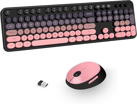 Kootop Wireless Keyboard and Mouse Combo, Cute Colorful 104 Keys Typewriter Retro Round Keycaps Keyboard for PC Laptop,Desktop,Windows, Home and Office Keyboards(Black and Pink)