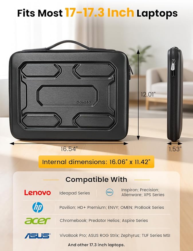 DOMISO Laptop Hard Case 17-17.3 inch Waterproof Shockproof Hard Shell Laptop Sleeve with Handle & Storage Pocket, Compatible with MacBook, HP, Dell, Black