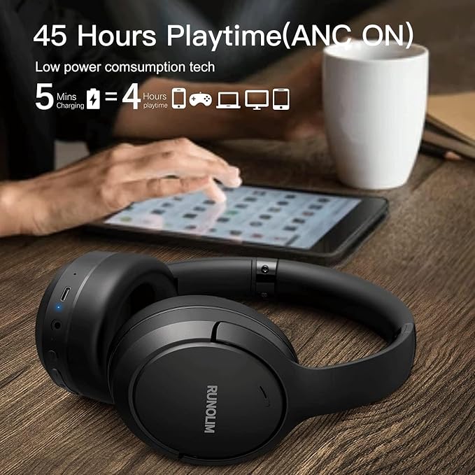 RUNOLIM Hybrid Active Noise Cancelling Headphones, Wireless Over Ear Bluetooth Headphones with Microphone, 70H Playtime, Foldable Headphone with HiFi Audio, Deep Bass for Home Travel Office