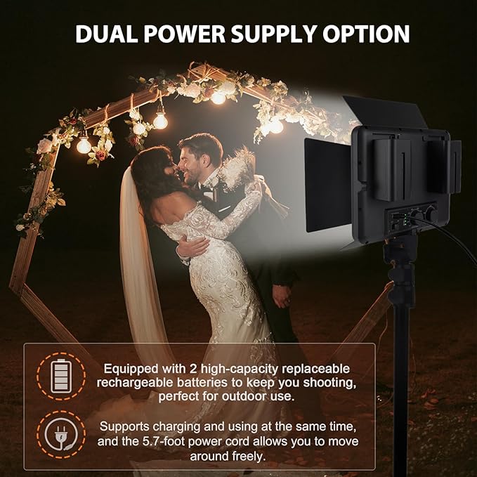 LED Video Light with Barn Door, 4400mAh Rechargeable Battery×2, 3200-6500K CRI 96+ Adjustable Panel Light for Outdoor Photography/Live Broadcast Shooting/Indoor Recording Fill Light/Video Conferencing