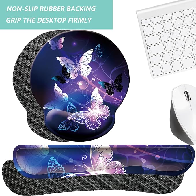 Keyboard Wrist Rest Pad Mouse Pad with Wrist Support Set of 3, Mousepad with Non-Slip Rubber Base, Ergonomic Memory Foam Mouse Wrist Cushion Support for Home Office Laptop Computer Gaming, Butterfly