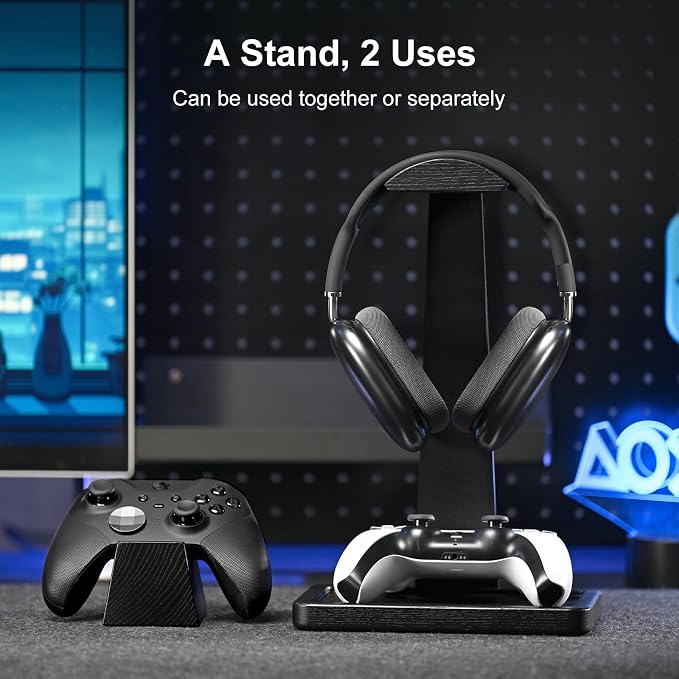 UPERGO Solid Wood Gaming Headset Stand with Controller Holder - Creative Gift for Teens, Boyfriends, Brothers, and Gamers - Desktop Organization and Decoration