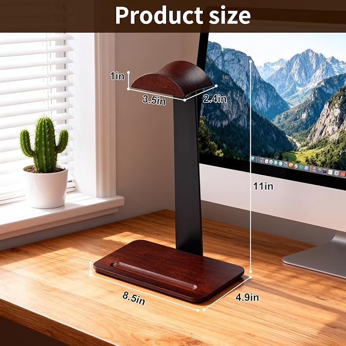 Walnut Wood Headphone Stand with Pen Holder - Desktop Wooden Headphone Stand, Solid Wood Headset Holder & Executive Desk Organizer for Office, Compatible with AirPods Max, Sony, Bose