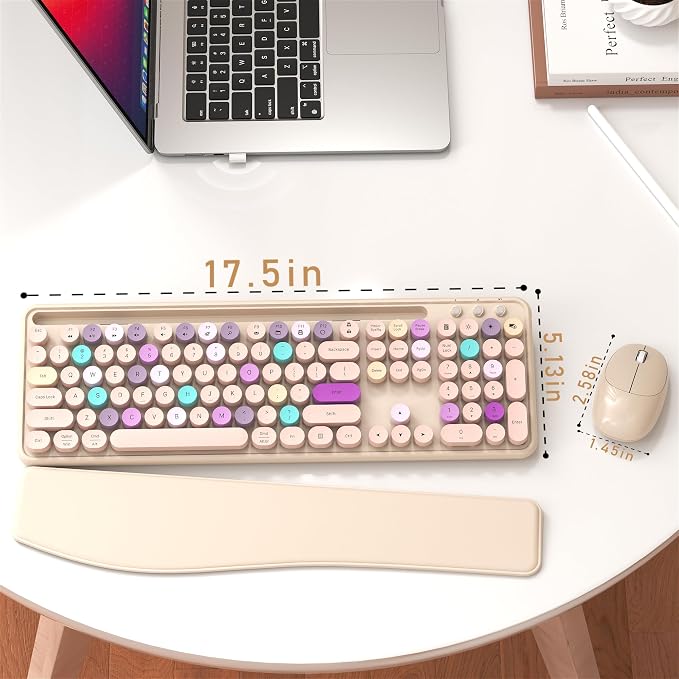 MPTOG Colorful Wireless Computer Keyboard and Mouse Combo with Phone Holder, Wrist Rest, Typewriter Keys, 2.4GHz Wireless, Full-Sized Optical Mouse for PC and Laptop (Khaki)