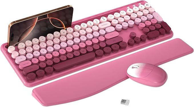 MPTOG Colorful Wireless Computer Keyboard and Mouse Combo with Phone Holder, Wrist Rest, Typewriter Keys, 2.4GHz Wireless, Full-Sized Optical Mouse for PC and Laptop(Rose-Red Colorful)