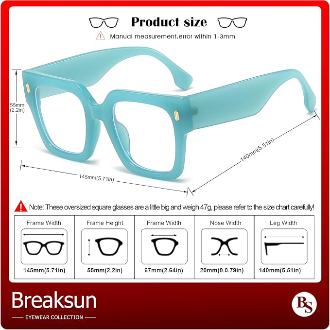 Breaksun Fashion Oversized Blue Light Blocking Glasses for Women Men Trendy Big Square Frame Computer Eyeglasses
