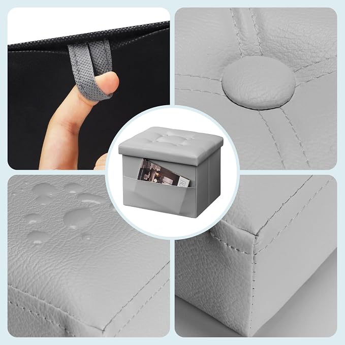 Bsketa Storage Ottoman Foot Rest Stool, Small Leather Storage Ottomans Bench, Folding Footstool with Side Pockets, Foot Rest Under Desk for Living Room Bedroom, 16x12x12 in, Grey