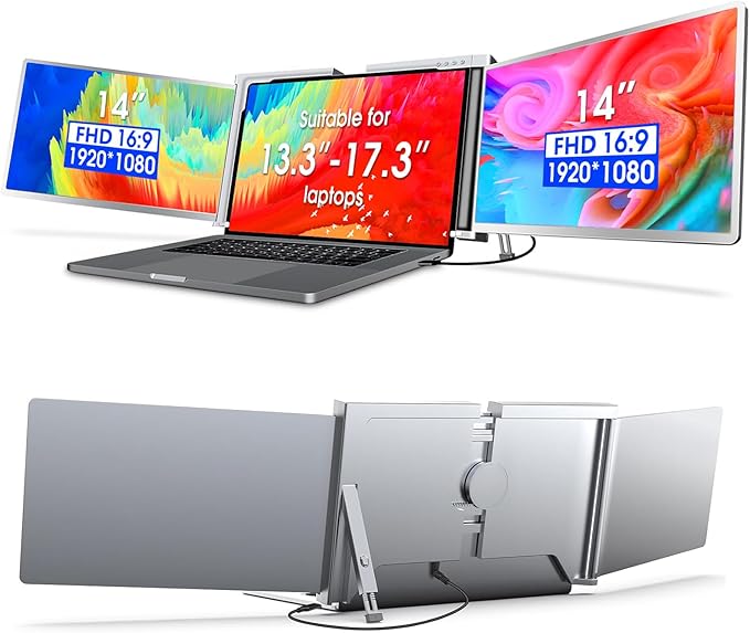 moonka Portable Triple Monitor for Laptop,1080p 14-Inch FHD IPS Screen,[Only 1 Cable Connect Dual Displays],Dual Portable Monitor Extender with Stand,USB-A/Type-C Plug,Play for Windows&Mac (13"-17")