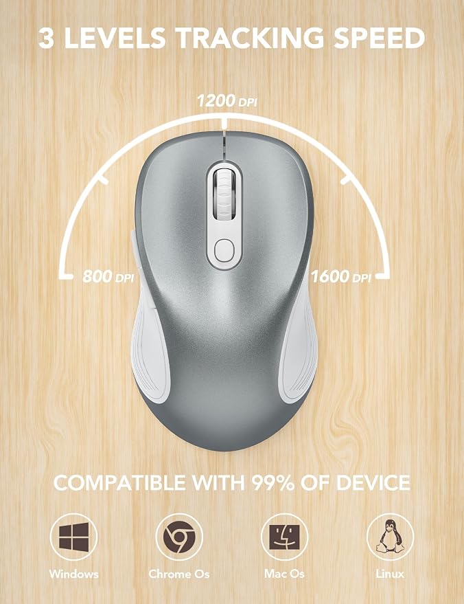 Trueque Wireless Mouse for Laptop, 2.4GHz Ergonomic Computer Mouse with Back & Forward Buttons, 3 Adjustable DPI Levels, 6 Buttons, Optical USB Cordless Mice for Windows PC, M01 (Silver Grey)