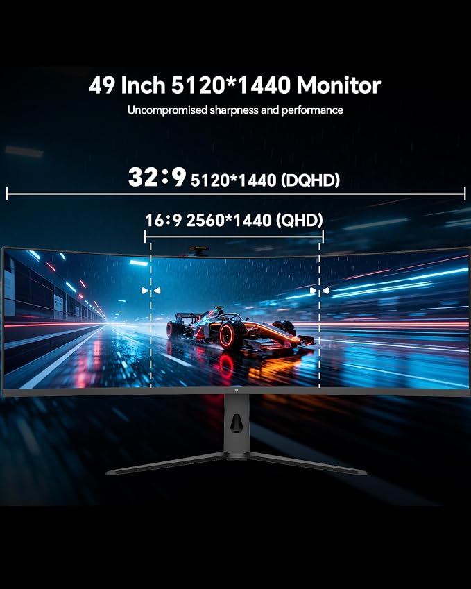 KTC Ultrawide 49 In Curved Gaming Monitor, 5K2K 5120x1440 Computer Monitor DQHD, 180Hz, 32:9, HDR 400, 90W Type-C HDMI DP Port, Bulit-in KVM, Speakers, Adaptive Sync, Tilt Swivel Height Adjust, H49S66