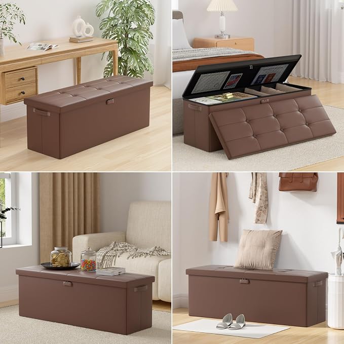 DocSafe Storage Ottoman Bench,Fireproof＆Waterproof Folding Bench with Lock(15”x 43”x15”),Leather Storage Chest with Handles＆2 Extra Boxes,Ottoman Safe for Bedroom,Living Room,Home Office,Brown