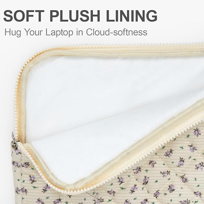 Puffy Laptop Sleeve 13-15.6 Inch Corduroy Quilted Laptop Protective Case Cute Floral Computer Sleeve Protective for MacBook