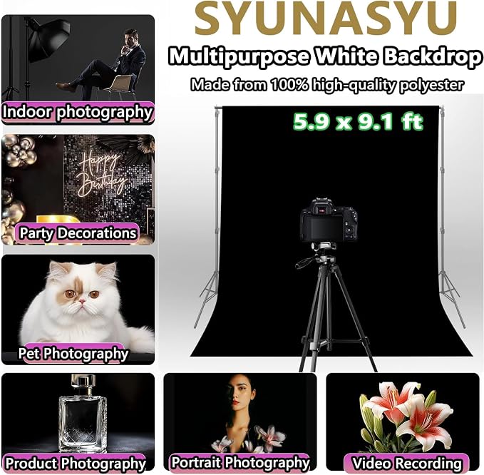 6x9 ft Black Background for Photography, Premium Black Wall Backdrop Curtains Polyester Birthday Party Decoracion Back Drop Content Creator Background Screen for Studio Video Photo Booth Photoshoot