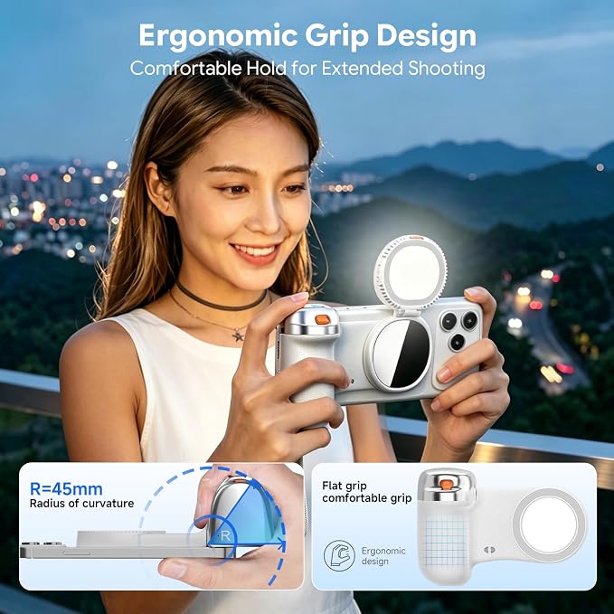 Magnetic Phone Camera Grip with Selfie Light for Content Creators, Wireless Shutter, Stable Video&Better Lighting, Portable Grip for TikTok, Vlog, Selfies, Travel & Video Calls, iPhone&Android (White)