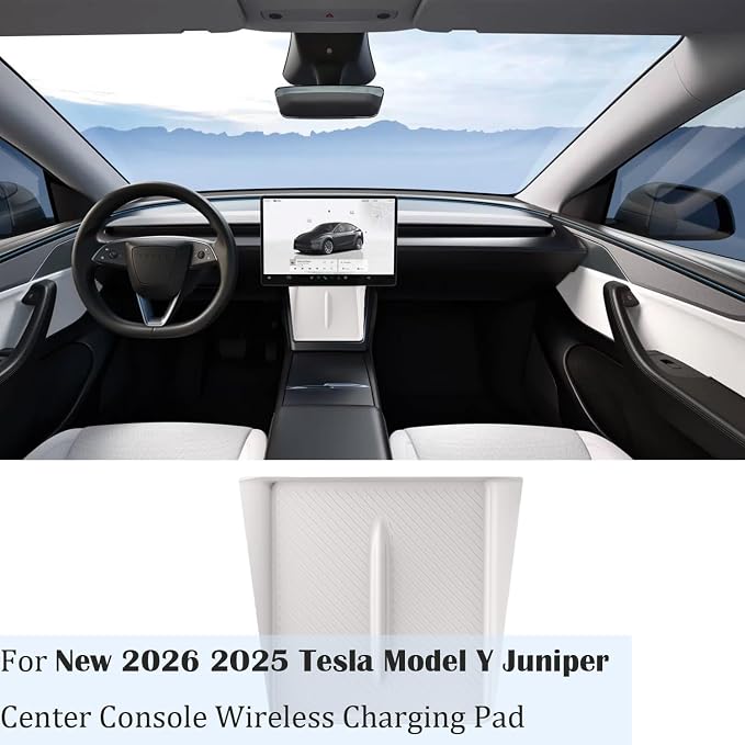 for 2026 2025 Tesla Model Y Juniper New Center Console Wireless Charging Pad Non-Slip Silicone Mat Wireless Charger Mat for Model Y Juniper Center Console (White)