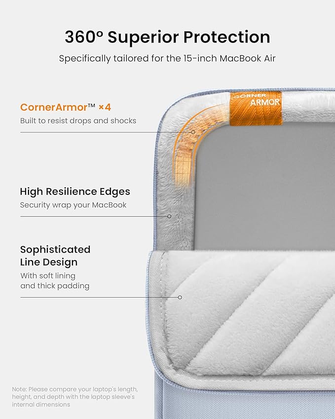 tomtoc 360° Protective Laptop Sleeve for 15-inch New MacBook Air M5/A3448 (2026), M4/A3241, M3/A3114, M2/A2941, Water-Resistant Laptop Case Fits 15-inch MacBook Pro A1990 A1707 & Surface Laptop AI PC