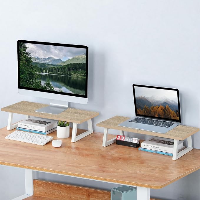 TEAMIX 24 inch Monitor Stand Riser, Wood & Steel Computer Monitor Stand with Storage, Laptop, PC, Printer Stand Riser for Desktop Office Desk Organizers