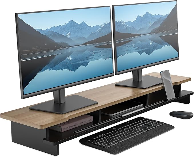 Monitor Stand Dual Monitor Stand Riser for Desk,Wood Desk Shelf Storage Organizer with Phone Tablet Holder (42.5 Inch, Black & Dark Bamboo)