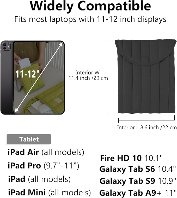 Puffy Laptop Sleeve Set 11-12 Inch Black, Protective Carrying Case for Men and Women, Cute Case Bag Compatible with 11 Inch and 12 Inch Laptops, 10.9" Ipad 10, 10.2" Ipad 7 8 9 in Cover