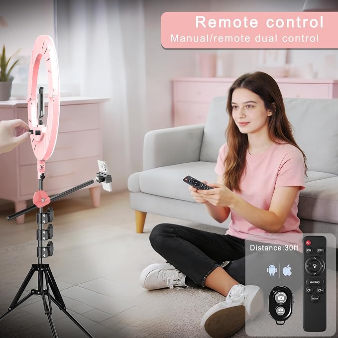 55W18 45cm Ring Light Kit [New Version] 6700K Dimmable LEDRinglightTripod Stand Dual Phone Holder for iPhone Selfie Makeup LashTattoo Studio Lighting Painting,Photo Video Recording (Pink)