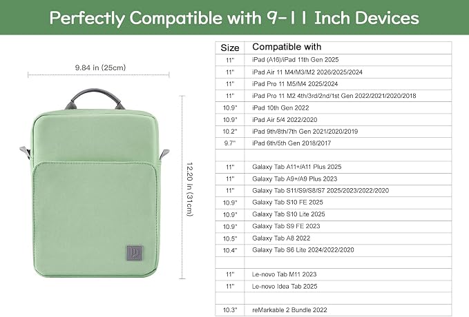 Dadanism 9-11 Inch Tablet Sleeve Bag Carrying Case with Shoulder Strap for iPad (A16) 11", iPad 10th Gen 10.9", iPad Air M4/Pro M5 11", iPad 9/8/7th 10.2", Galaxy Tab A11+ Plus 11", Dark Green
