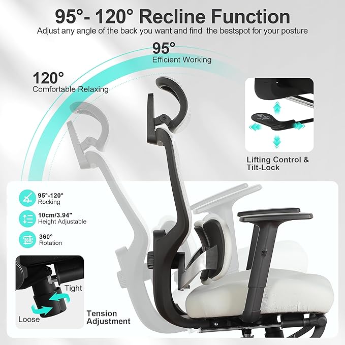 Ergonomic Office Chair with Footrest, Mesh Desk Chair with Adjustable Headrest & Armrests & Dynamic Floating Wing Lumbar Support, High Back Computer Chair for Home Office, BIFMA Certified, Grey