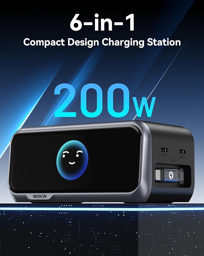 MOKiN 200W Charging Station, 6-Port GaN Desktop Charging Station with Smart Display and Retractable Cable, USB C Charger Station for iPhone, Galaxy, MacBook, Dell and Desk Accessorie
