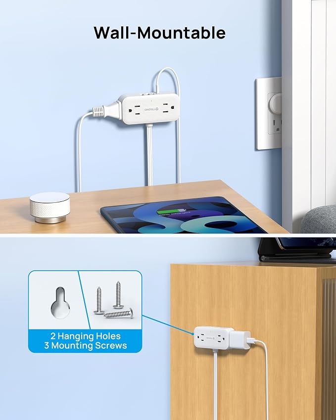 TROND Flat Plug Power Strip 10FT, Small Flat Extension Cord with Multiple Outlets, 4 AC and 4 USB Ports (2 USB C), Wall Mount Outlet Extender Adapter for Home Office Travel Dorm Room Essentials, White
