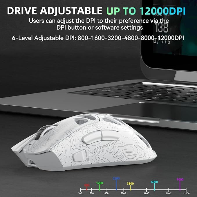Aula SC620 Wireless Gaming Mouse, Tri-Mode 2.4GHz/USB-C/BT5.3 Computer Mouse with 12000 DPI, Programmable Macro Gamer Mouse with Rapid Fire Key, RGB Light Gaming Mice for PC/Laptop/Mac (Line White)