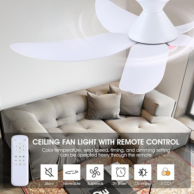 Kviflon Ceiling Fans with Lights Remote/APP Control, 38" Low Profile Ceiling Fans with Dimmable White Colors+Ring RGB Lights, 6 Speeds 5 Reversible Blades for Kids Room Bedroom Living Room, White