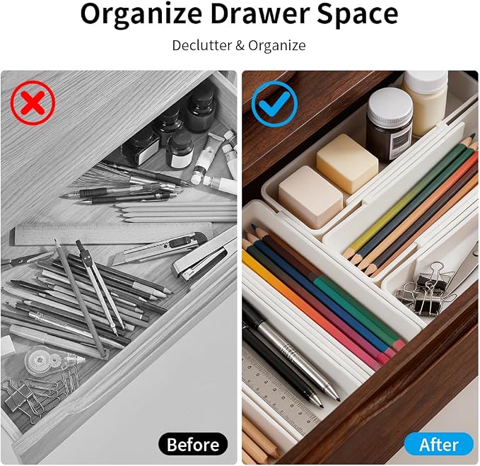 Adjustable Drawer Organizers Expandable,Drawer Divider Inserts for Makeup Cosmetics,Underwear Socks,Office Supplies,or Bathroom Storage,Multi-Purpose Plastic Drawer Trays