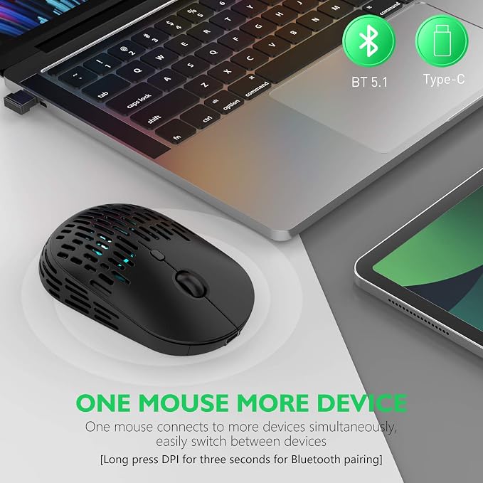 RAPIQUE Bluetooth Wireless Mouse - (BT+USB-C Receiver) Dual Mode, Rechargeable, Lightweight, Silent Computer Mice with Type C Receiver, USB C Mouse for MacBook, Laptop, Tablet, Chromebook (Black)