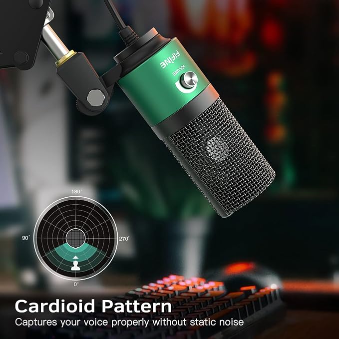 FIFINE USB Gaming Microphone for PC Desktop, PS4 and Mac, Gain Control, External Condenser Computer Mic for Streaming, Podcasting, Twitch, Discord, Green - K669G