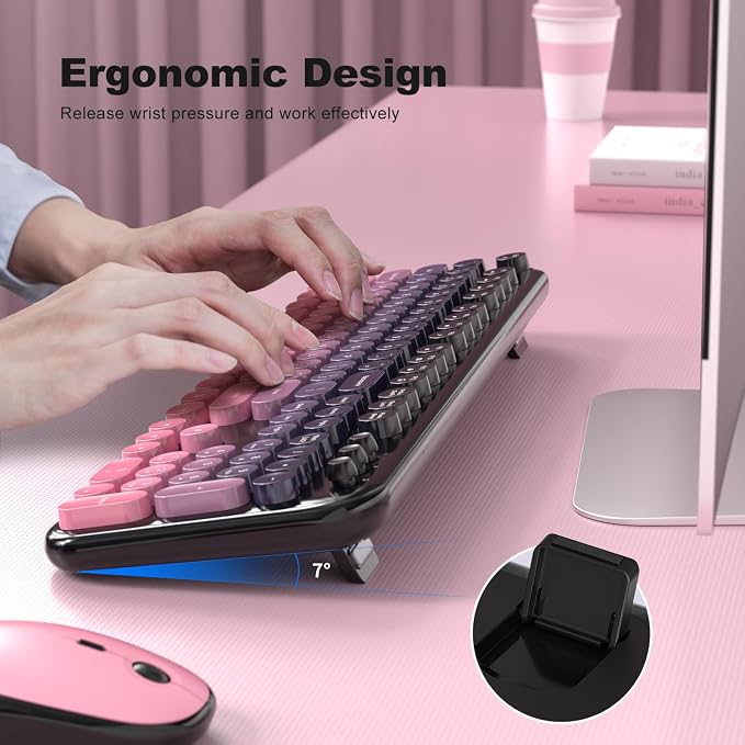 MOFII Wireless Keyboard and Mouse Combo, 2.4GHz Retro Typewriter Keyboard Full Size, Quiet Click Mouse, USB Receiver Plug and Play, for PC, Laptop, Desktop, Windows (Plum Pink Gradient)