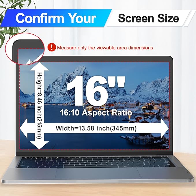 Magnetic Laptop Privacy Screen 16 Inch 16:10 Display, Removable Computer Screen Privacy Shield, Anti-Glare Blue Light Protector Compatible with Dell Hp Lenovo Acer Asus Samsung