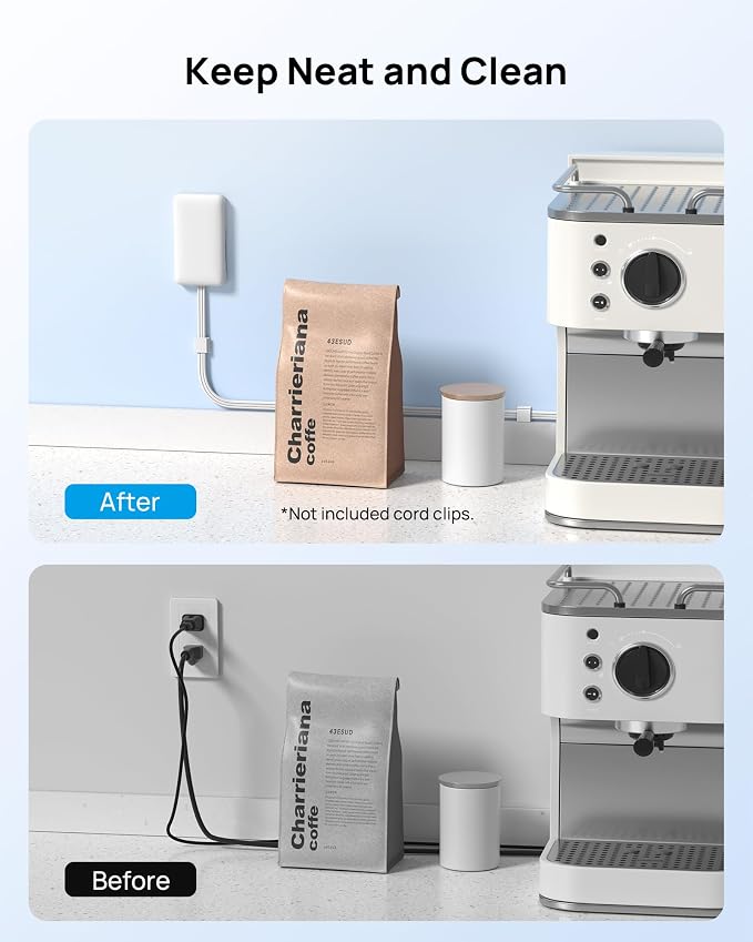 TROND 10FT Flat Extension Cord with Ultra-Thin Outlet Cover, Flat Wall Plug Power Strip with 4 AC 4 USB Ports, Hidden Outlet Extender for Tight Spaces, 10A/1250W, 900J Surge Protection, White