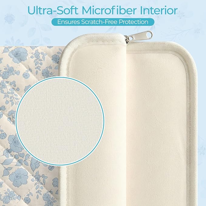 13-14 inch Cotton Quilted Laptop Sleeve for Women, Aesthetic Puffy Laptop Case Carrying Bag Compatible with MacBook Air/Pro 13/Pro 14, Soft Computer Liner Bag (Blue Floral, 13.3 inch)