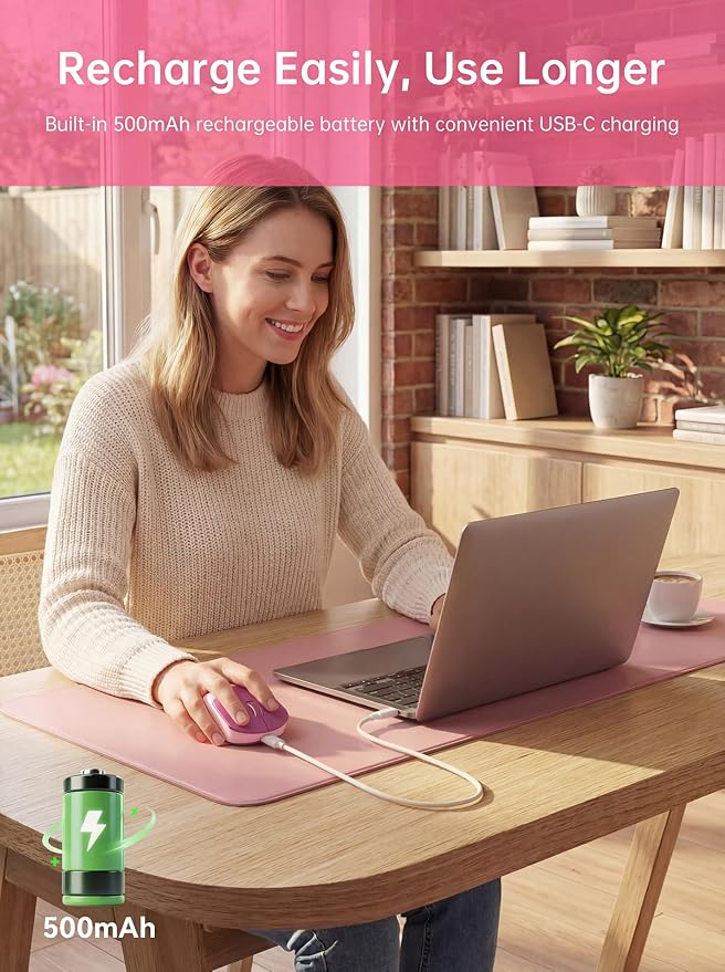 hunart H6 49g Wireless Mouse, Bluetooth & 2.4GHz Rechargeable Mouse, Lightweight Silent Ergonomic Mouse with USB-C Charging, Portable Right-Hand Office Mouse for Laptop, PC, MacBook(Berry Pink)