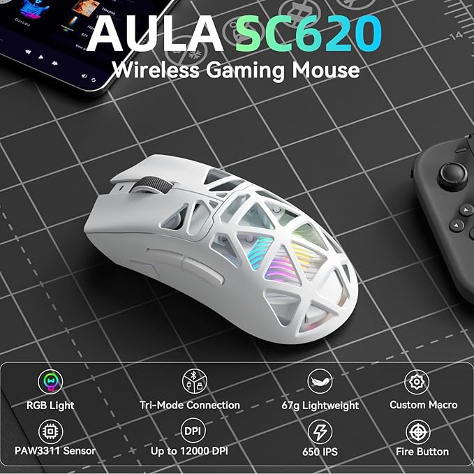 Aula SC620 Wireless Gaming Mouse, Tri-Mode 2.4GHz/USB-C/BT5.3 Computer Mouse with 12000 DPI, Programmable Macro Gamer Mouse with Rapid Fire Key, RGB Light White Gaming Mice for PC/Laptop/Mac