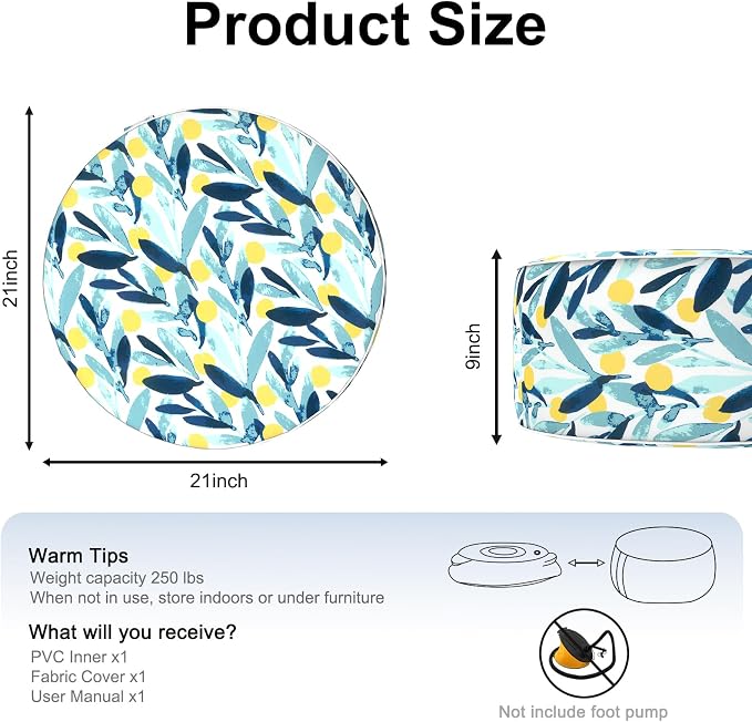 DYTXIII Inflatable Ottoman Stool D21 xH9 for Outdoor/Indoor Use, Water Repellent Patio Foot Rest Stool with Portable Handle,Round Pouf Ottoman Suitable for Garden,Deck and Camping - Leaves Multi