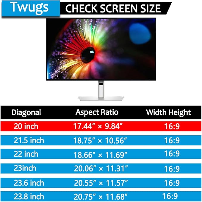 20 Inch Computer Privacy Screen for 16:9 Aspect Ratio Widescreen Monitor, Eye Protection Anti Glare Blue Light Filter Shield, Removable Anti-Scratch Anti Spy Protector, 1 Pack