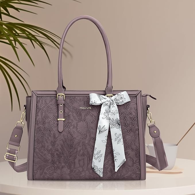 MOSISO Laptop Bag for Women, 15.6-16 inch PU Leather Tote Bag Compatible with MacBook, HP, Dell, Asus Notebook, Front Embossed Retro Hibiscus Computer Bags with Silk Scarf&Clutch Purse, Slate Purple