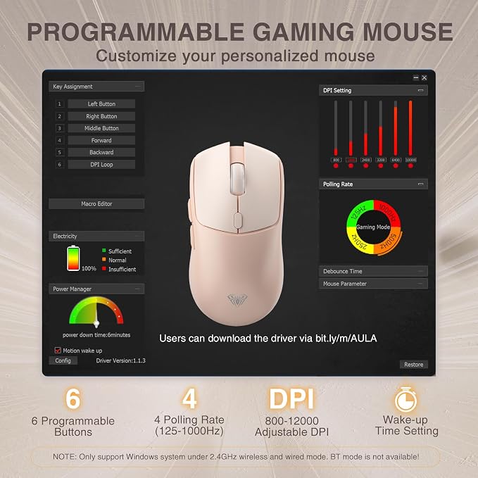 AULA SC580X Wireless Gaming Mouse, Tri-Mode 2.4G/BT5.0/USB-C Gaming Mice with 12000 DPI, 6 Programmable Buttons, Rechargeable Computer Mouse for Laptop/PC/Mac/Tablet