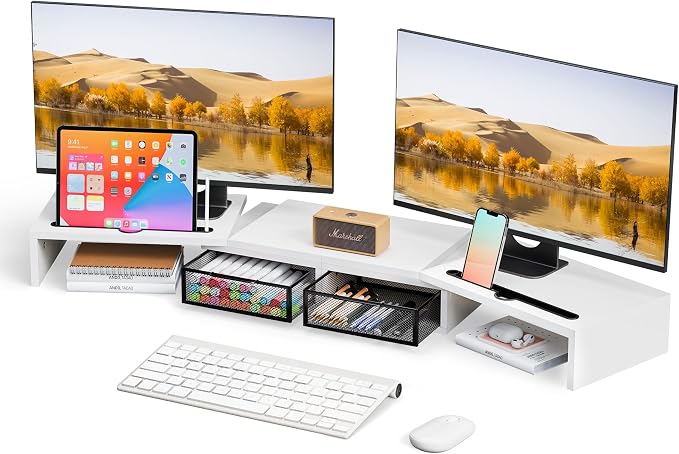 ZIFTY Dual Monitor Stand Riser for 3 Monitors, Desk Organizer with 2 Drawer and Smartphone Holder, Adjustable Length & Angle Workspace Organizers for Monitors Laptop Printer Computer, White